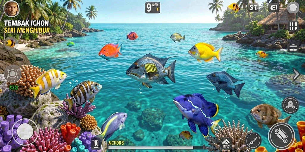 Screenshot gameplay 9N9N menampilkan aksi Tembak Ikan yang seru.