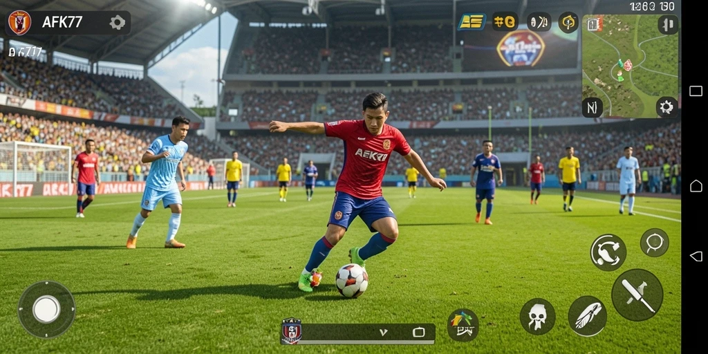 Menampilkan aksi seru gameplay sepak bola di AFK77.