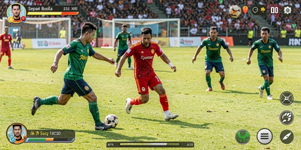 Tangkapan layar utama API33 menampilkan aksi pertandingan sepak bola yang mendebarkan.
