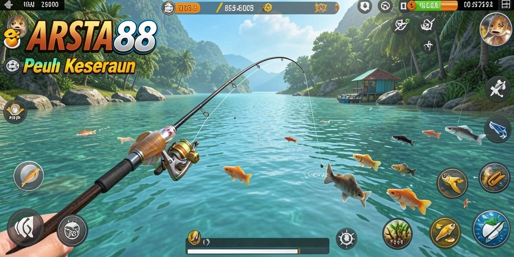 Screenshot gameplay ARISTA88 menunjukkan momen menegangkan saat memancing.