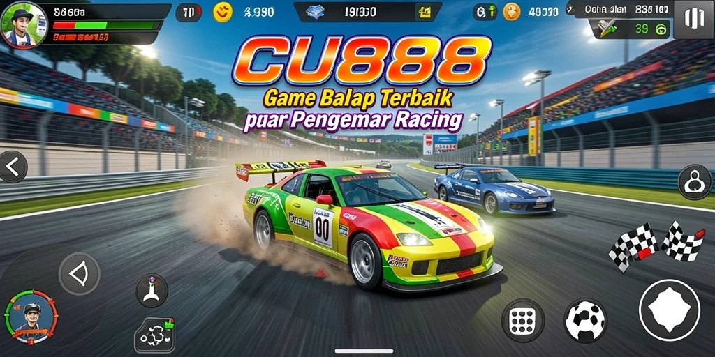 Screenshot CU888 menampilkan balapan mendebarkan dengan mobil yang melaju kencang.