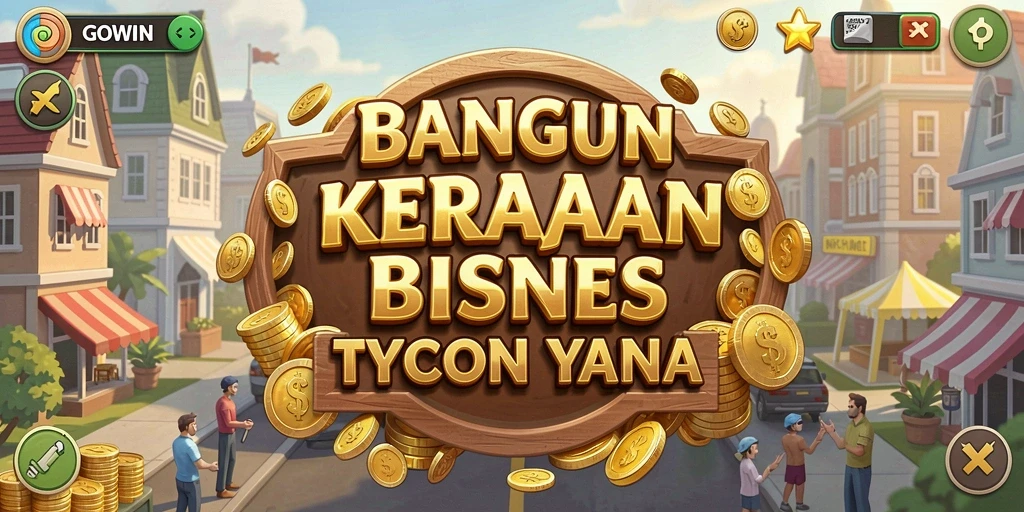Screenshot gameplay GOWIN menampilkan pembangunan gedung bisnis yang megah.