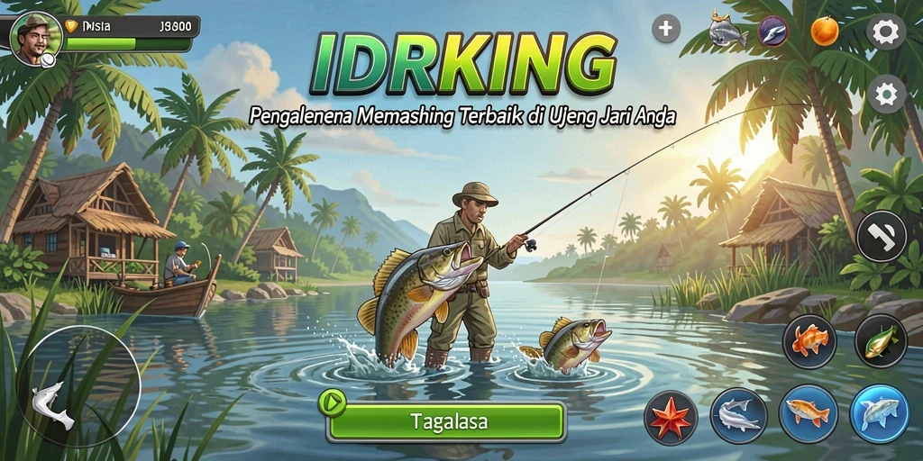 Gameplay seru dalam IDRKING saat memancing di lokasi indah.