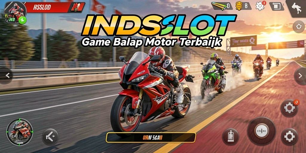 Screenshot gameplay INDSLOT menunjukkan balapan motor yang seru dan menegangkan.