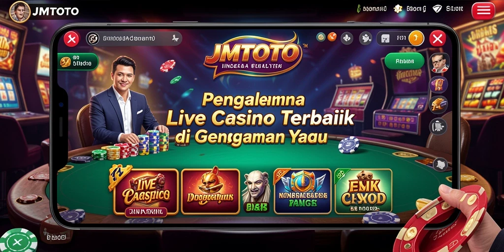 Screenshot utama JMTOTO menampilkan dealer live dalam permainan kasino interaktif.