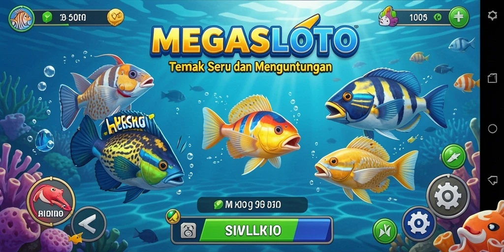 Tampilan gameplay menarik dari MEGASLOTO dengan berbagai ikan untuk ditembak.