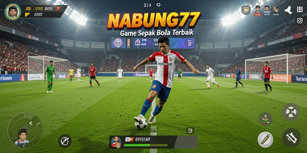 Tangkapan layar menunjukkan aksi seru dalam gameplay sepak bola.