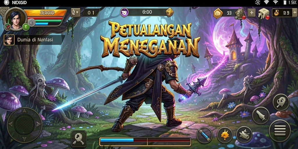 Menggambarkan karakter menjelajahi dunia fantasi NEXGID.