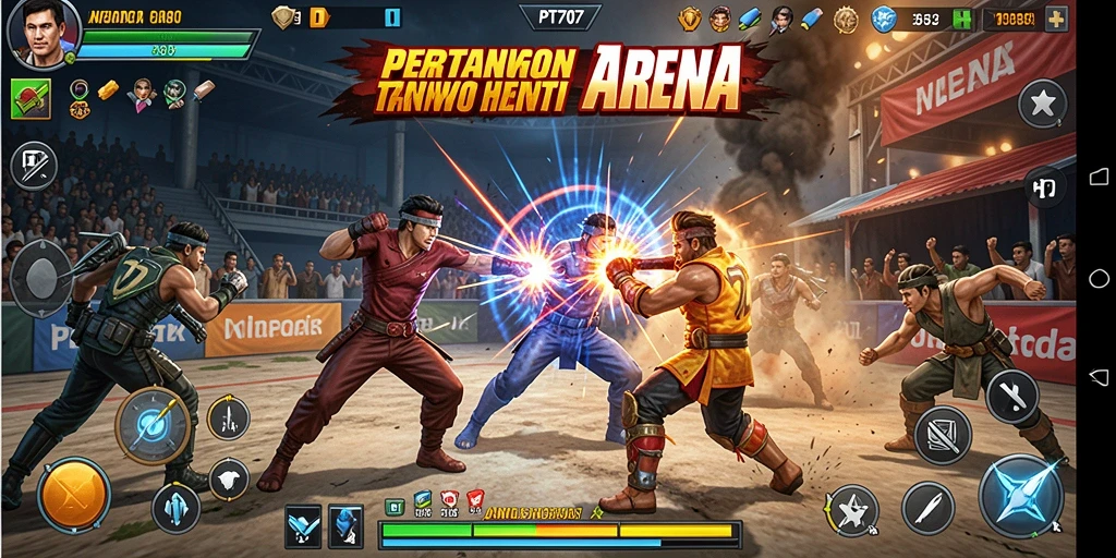 Tampilan gameplay yang seru saat pertarungan berlangsung di arena.