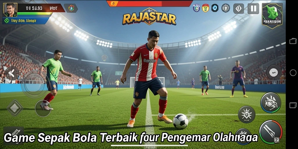 Screenshot gameplay RAJASTAR yang menunjukkan aksi di lapangan sepak bola.