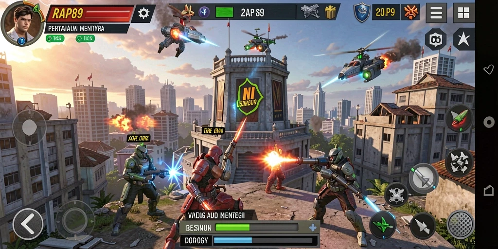 Screenshot gameplay menunjukkan aksi menara pertahanan yang intens.