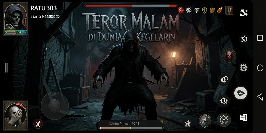 Screenshot RATU303 menunjukkan suasana mencekam dengan hantu di lorong gelap.