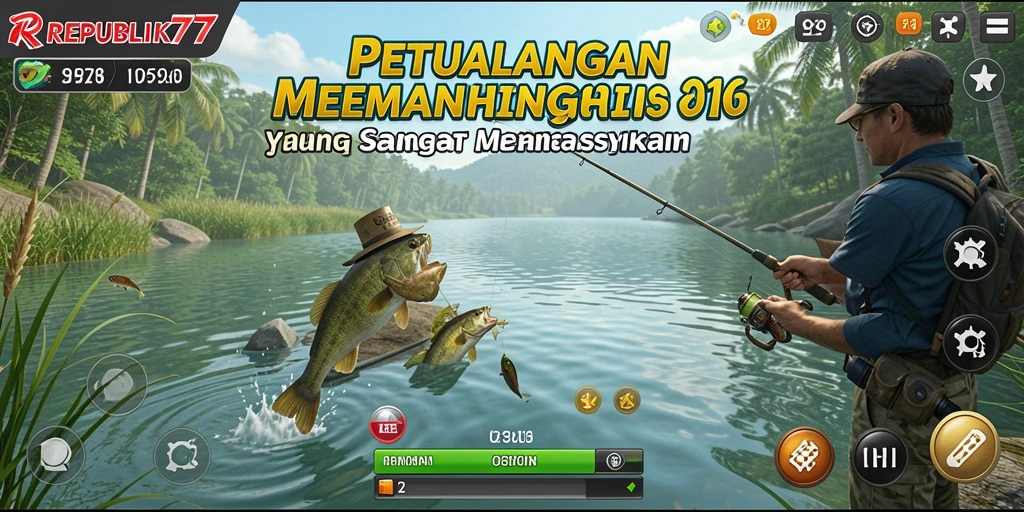 Tampilan gameplay REPUBLIK77 dengan pemandangan memancing yang menakjubkan.