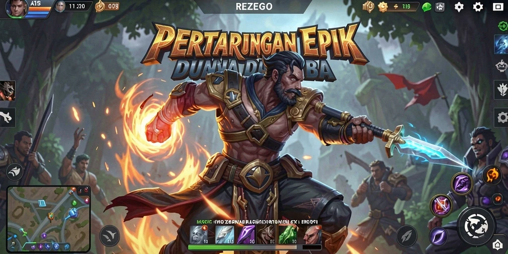 Tangkapan layar REZEGO menampilkan pertarungan MOBA yang mendebarkan.