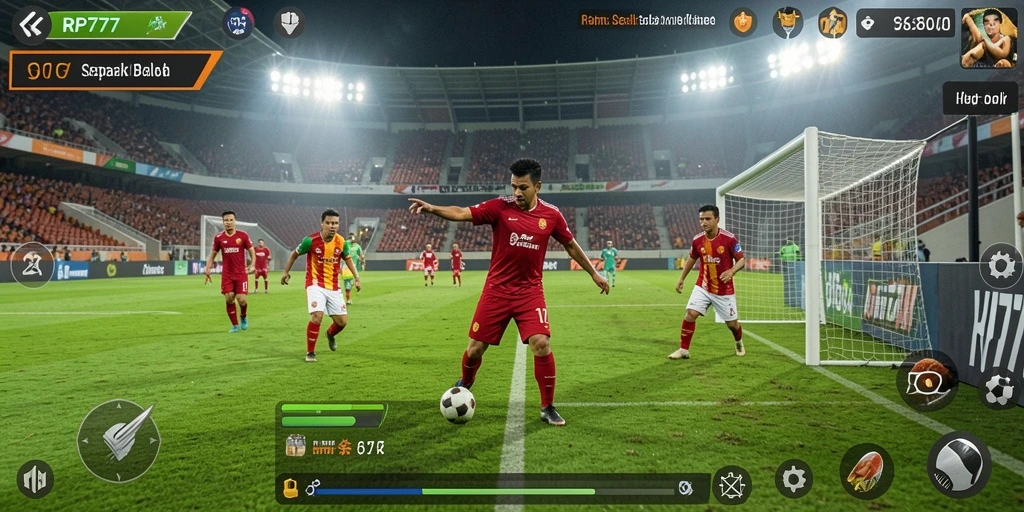 Tampilan gameplay RP777 menampilkan aksi seru di lapangan sepak bola.
