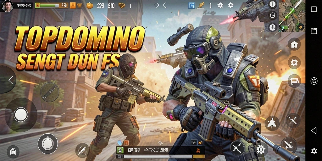 Gameplay TOPDOMINO yang penuh aksi dan strategi tembak-menembak.