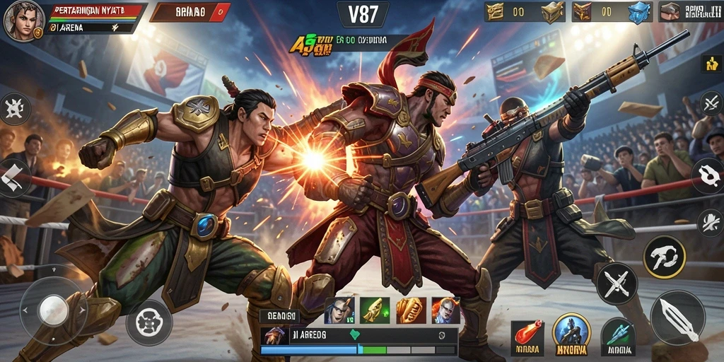 Tampilan karakter dan arena pertarungan dalam V87 yang mengesankan.